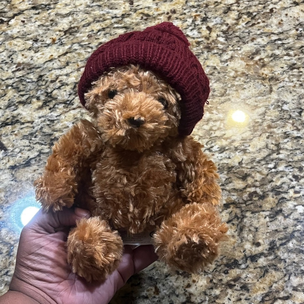 Vintage Aurora World Brown Shaggy Teddy Bear Plush Burgundy Beanie Hat 8.5 Inch